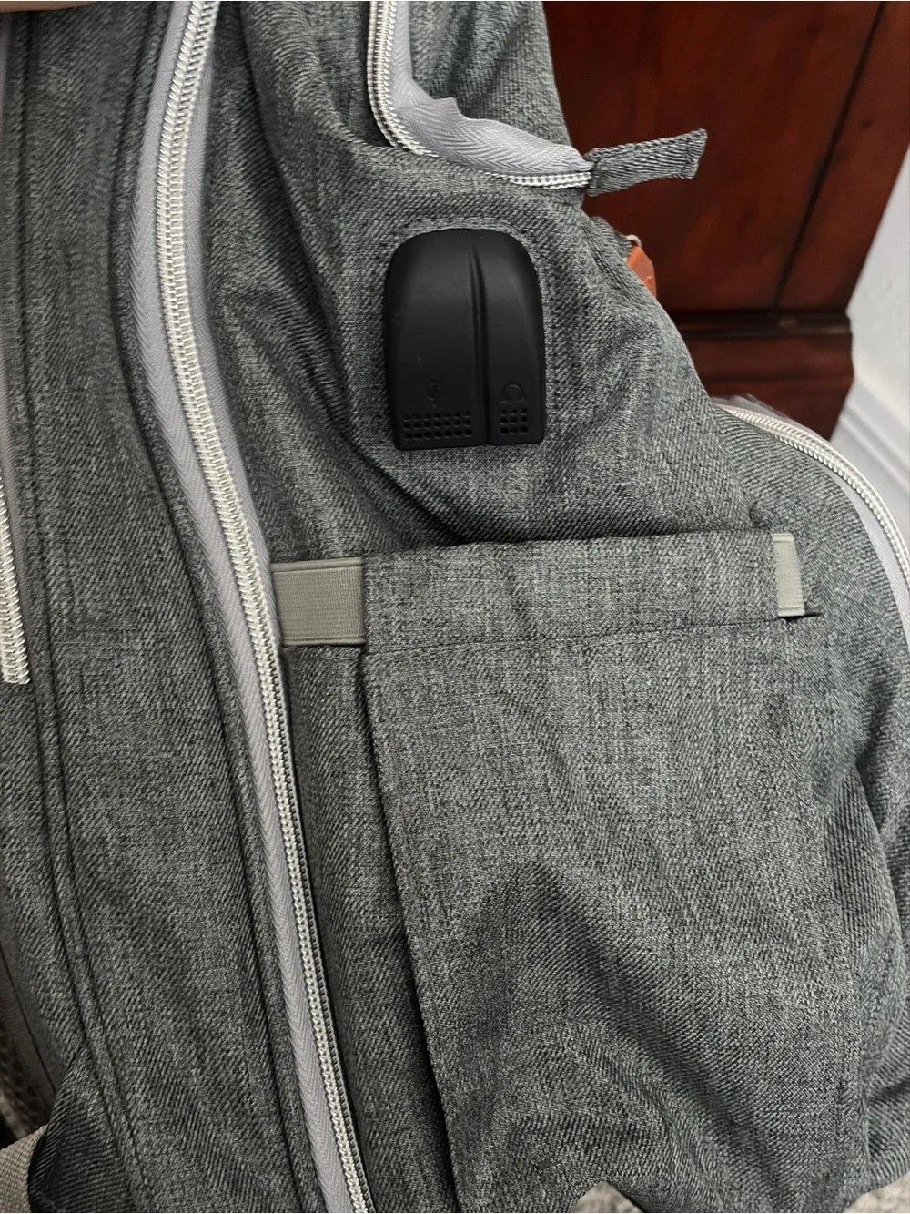Gray Baby Diaper Canvas Backpack with Tan Accents